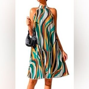 Halter neck pleated swing dress; multicolored